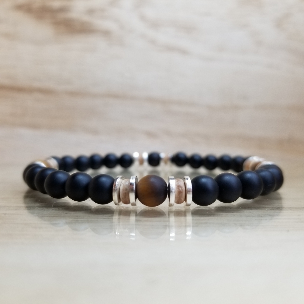 Tiger Eye & Black Onyx Beaded Gemstone Bracelet